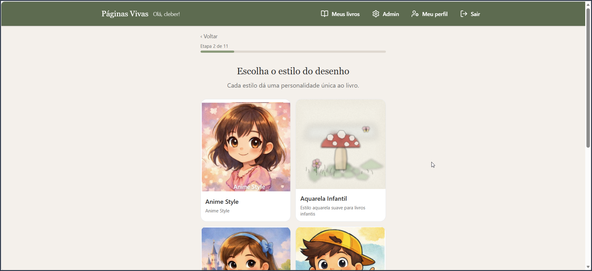Tela de seleção do estilo de desenho